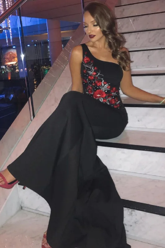 Price Reduction One Shoulder Floral Embroidery Mermaid Black Evening Dress