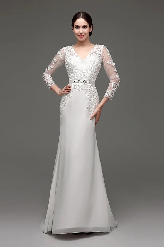 Great Deals Long Sleeves V-Neck Mermaid White Wedding Dress with Appliques
