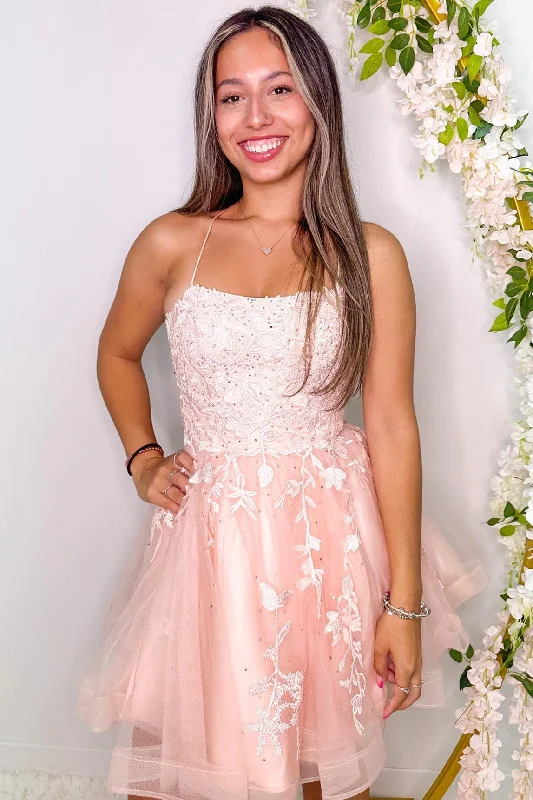 Special Price Pink Lace-Up Appliques A-line Tulle Homecoming Dress