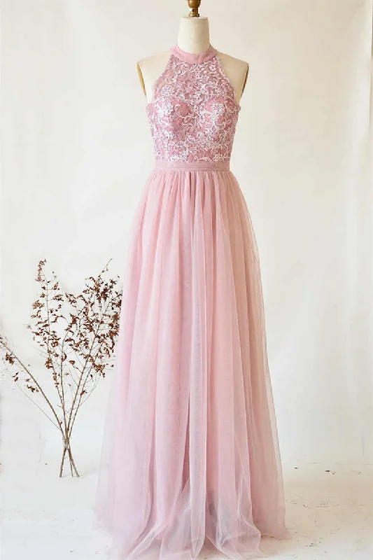Online Specials A-Line Halter Pink Lace Long Bridesmaid Dress