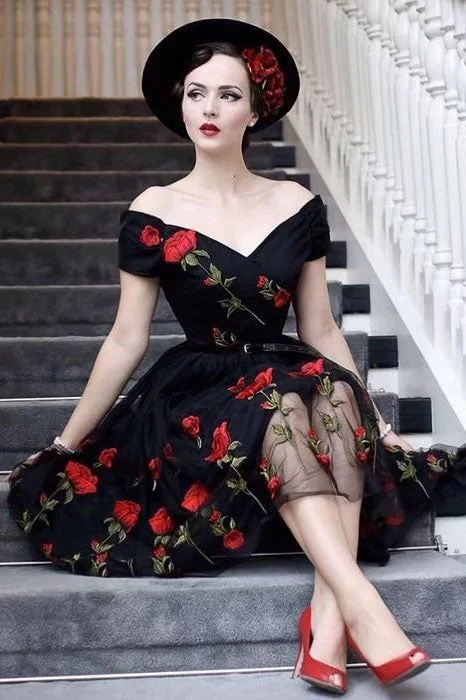 Today's Special Retro Off the Shoulder Tulle Black Party Dress with Flowers