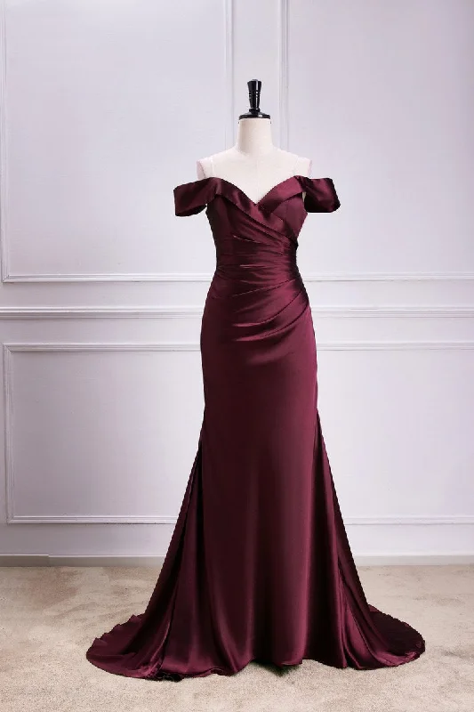 Lowest Price Burgundy Off-The-Shoulder Satin Mermaid Bridesmaid Dress