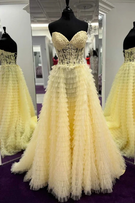 Don’t Miss Out Sweetheart Yellow Lace Corset Tiered Tulle Prom Dress