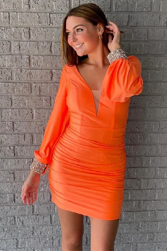 Limited Time Offer Elegant Long Sleeves Orange Short Party Dress