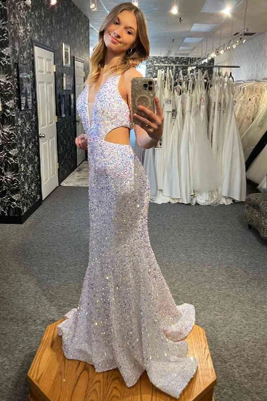 Clearance Sale Plunging Neck Halter White Long Prom Dress with Cutout Waist