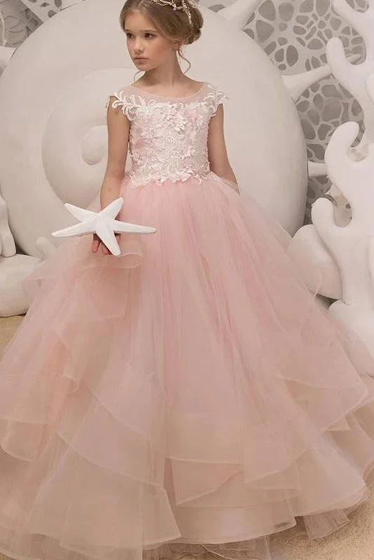 Unbeatable Prices Princess Long Pink Flower Girl Dress with Lace Appliques
