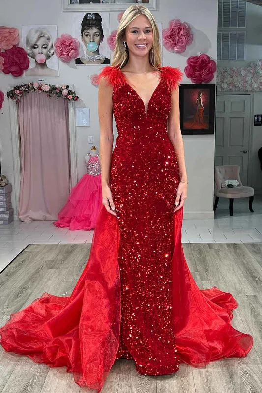 Final Markdown V-Neck Red Sequin Feathers Long Prom Dress with Cape