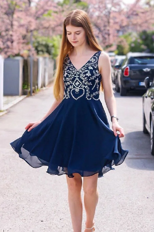 Exclusive Preview V Neck Beaded Navy Blue Homecoming Dress