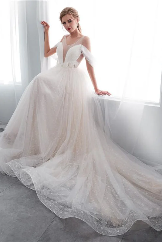 Low Prices Princess Long Lace-Up A-line Ivory Wedding Dress with Appliques