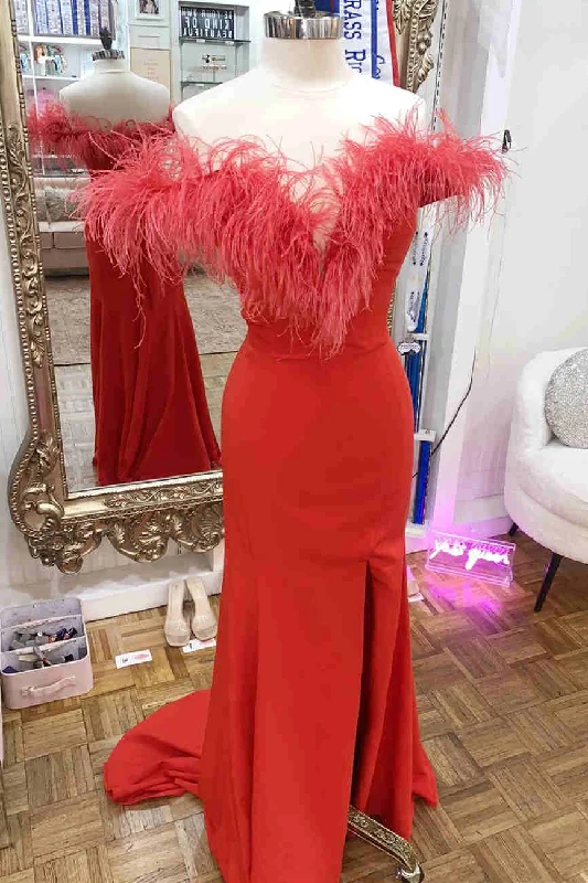 Major Savings Plunging Neck Red Feather Formal Dress with Slit