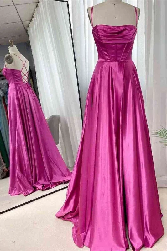 Limited Edition A-Line Long Spaghetti Straps Fuchsia Ruched Prom Dress