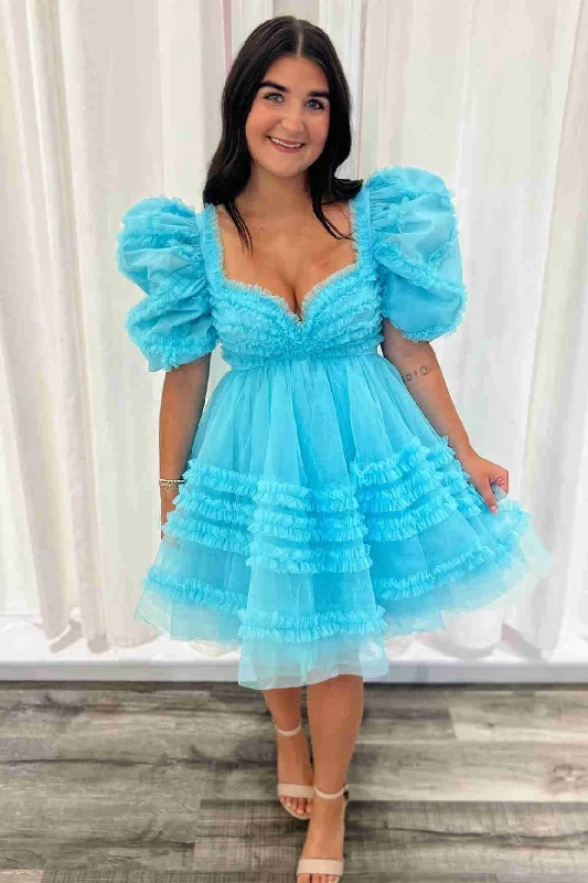 While Supplies Last Light Blue Corset Balloon Sleeves Ruffle Short Homecoming Dress