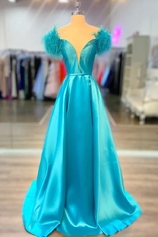Crazy Savings Sky Blue Plunging Neck Feathers Satin Long Prom Dress