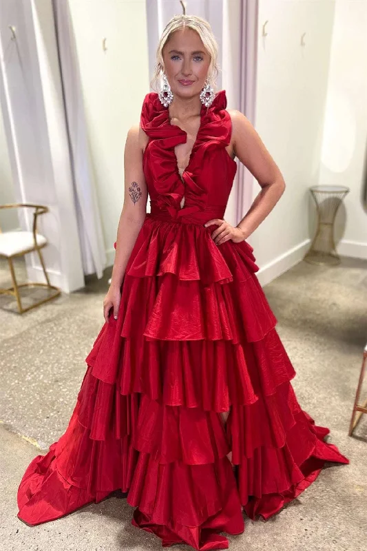 Deep Discounts Halter Red Ruffle Tiered A-Line Prom Dress