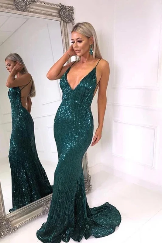 Bargain Bin Sparkly V Neck Backless Mermaid Teal Sequin Long Prom Dress