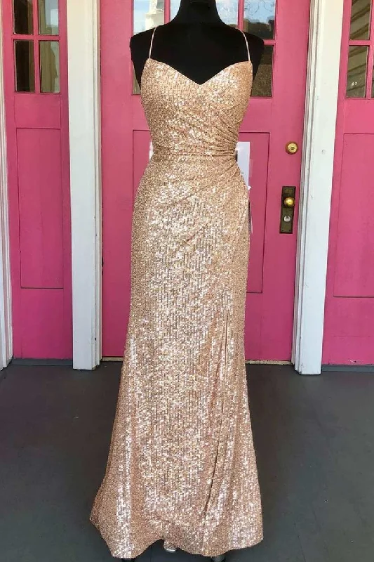 Midnight Sale Tight Rose Gold Sequined Long Party Dress