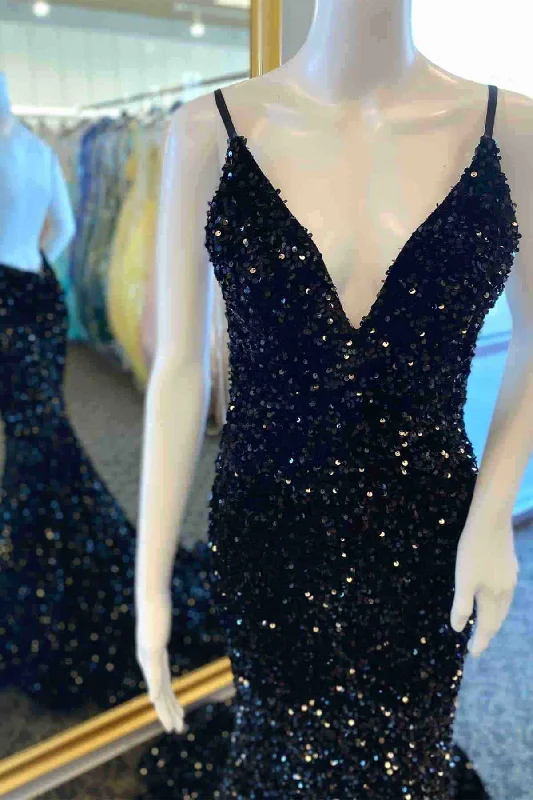 YEAR-End Clearance Backless Mermaid Long Black Sequins Prom Dress
