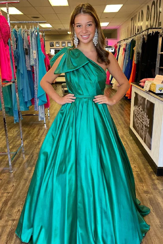 Savings Galore One Shoulder Bow Tie Emerald Green Long Prom Dress