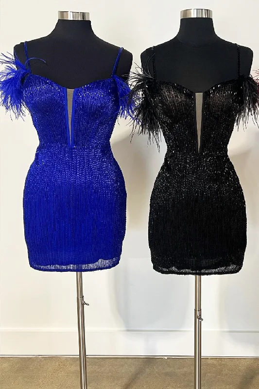 Deal of the Day Feather Cold Sleeve Beaded Short Homecoming Dress