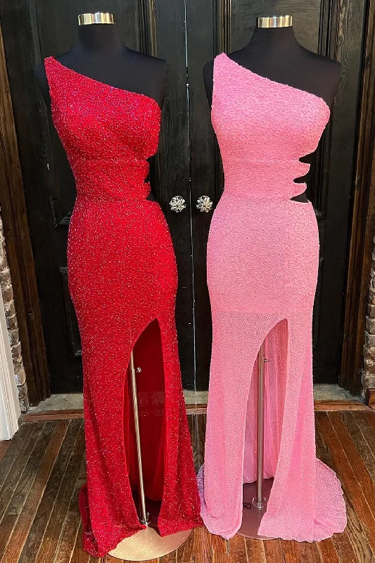 Price Meltdown Mermaid One Shoulder Cut-Out Beaded Long Prom Dress with Slit