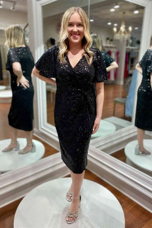 Reduced Prices Glitter Ruched Black Sequined Mother of Bride Dress