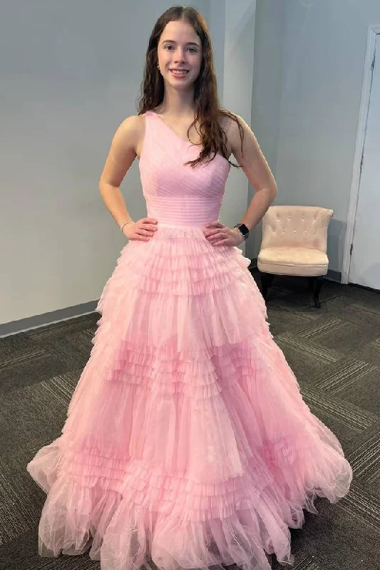 Overstock One Shoulder Pleated Layerer A-Line Prom Dress