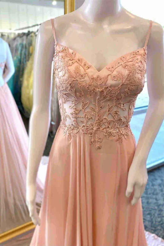 Best Deals Straps A-Line Pink Lace Long Prom Dress with Appliques Top