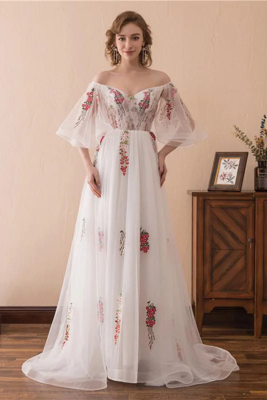 Special Savings Long Off Shoulder A-line Floral White Wedding Dress with Bell Sleeves
