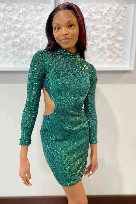 Price Meltdown Bakless High Neck Green Short Homecoming Dress with Long Sleeves