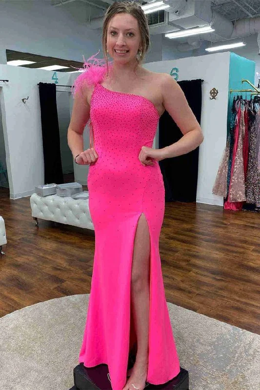 Savings Galore Beaded One-Shoulder Hot Pink Long Formal Dress with Feathers
