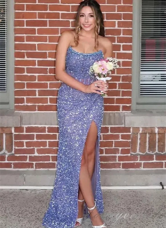 Mega Deal Lilac Scoop Neck Beaded Sequin Mermaid Prom Dress with Slit