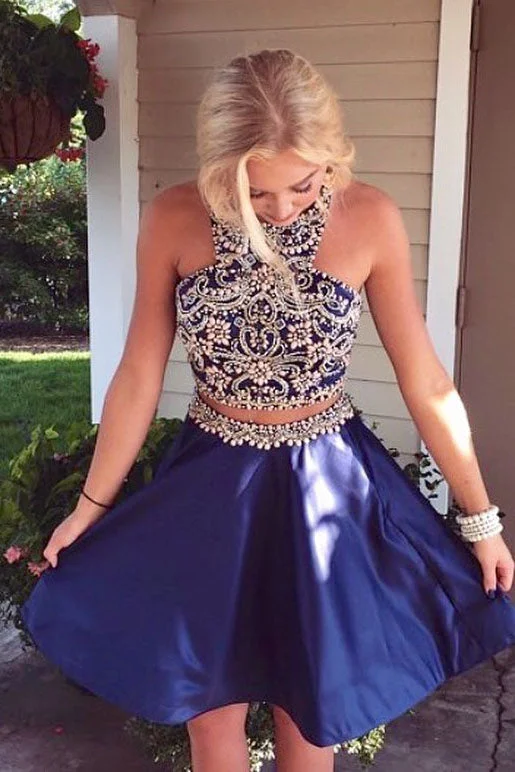 Factory Direct Sale Hollow Out Two Piece Beading Royal Blue Homecoming Dress