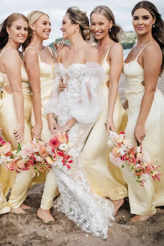 Amazing Deals Light Yellow Straps Satin Long Bridesmaid Dress