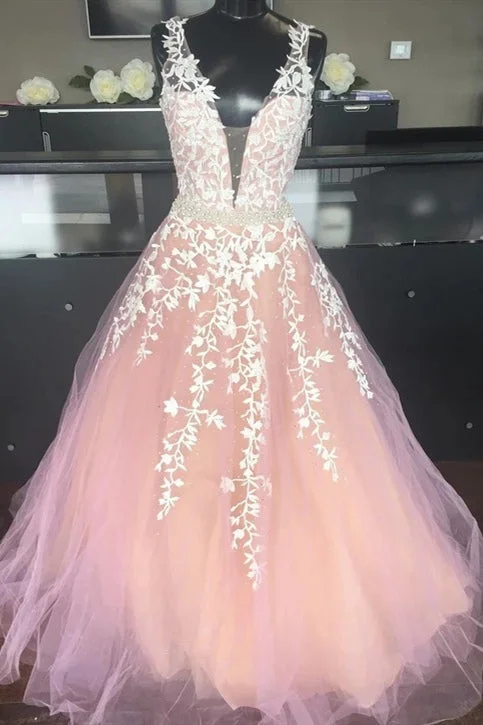 Deal Zone A-line Lace Appliques V-Neck Blush Pink Long Prom Dress