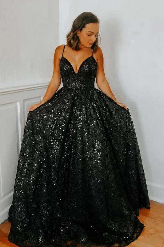 Online Exclusive A-Line Spaghetti Straps Black Sequin Long Prom Dress