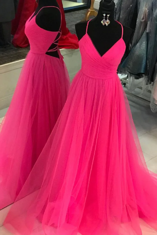 Special Buy V Neck A-line Hot Pink Long Prom Dress with Lace-up Back