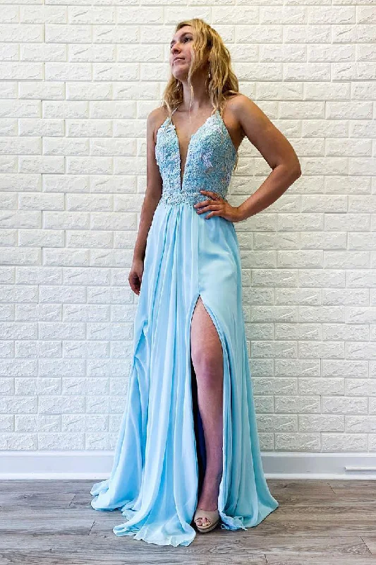 Final Clearance Deep V Lace-Up Long Sky Blue Prom Dress with Appliques
