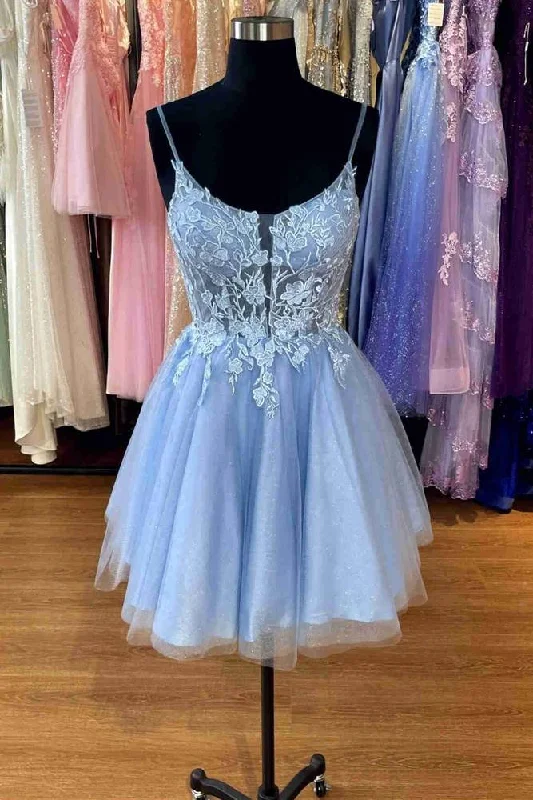 Take Advantage A-Line Straps Light Blue Appliques Short Homecoming Dress