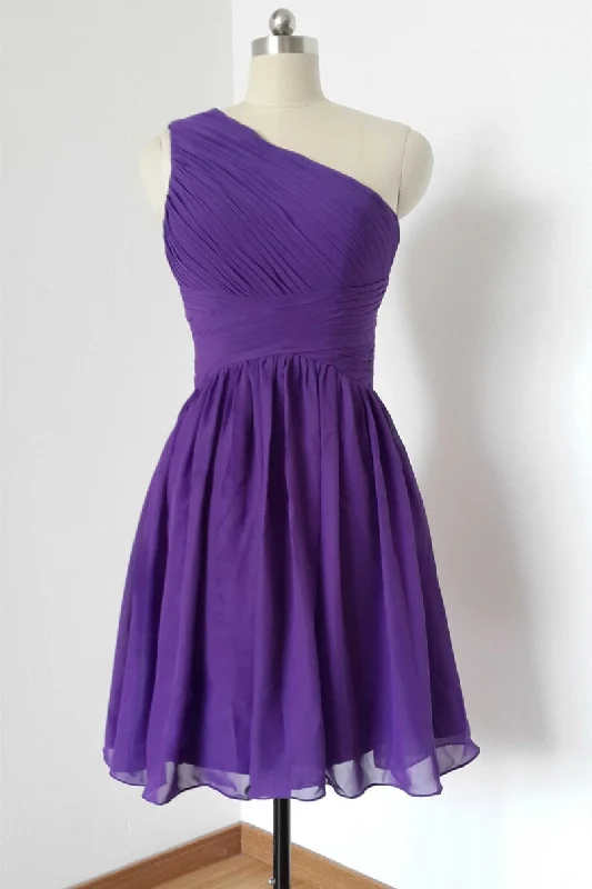 Huge Discounts One Shoulder Purple Pleated Chiffon Short Bridesmaid Dress