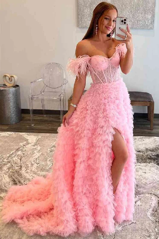 Price Drop Pink Off the Shoulder Frill-Layered Long Prom Dress with Feathers