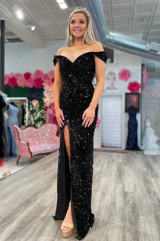 Last Chance Off the Shoulder Black Sequins Hight Slit Prom Gown