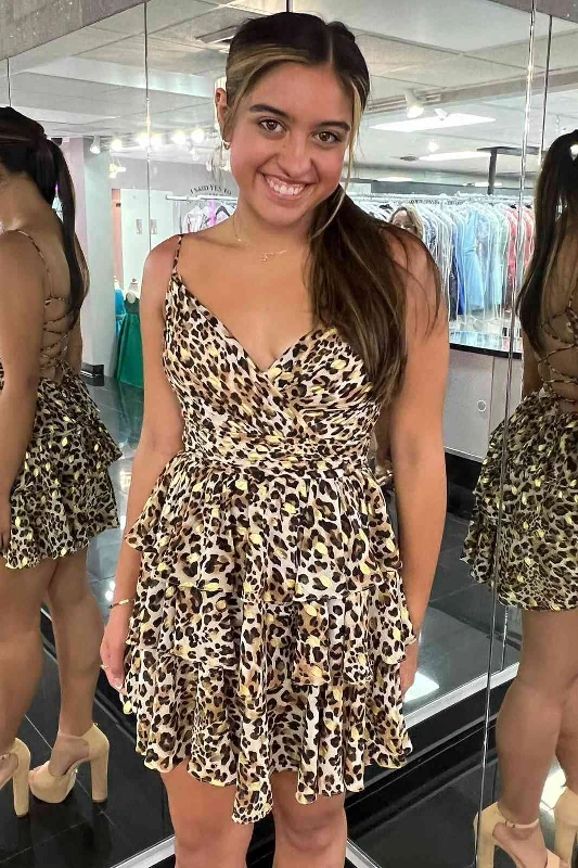 Take Advantage Lace-Back V-Neck Leopard Print A-Line Short Party Dress