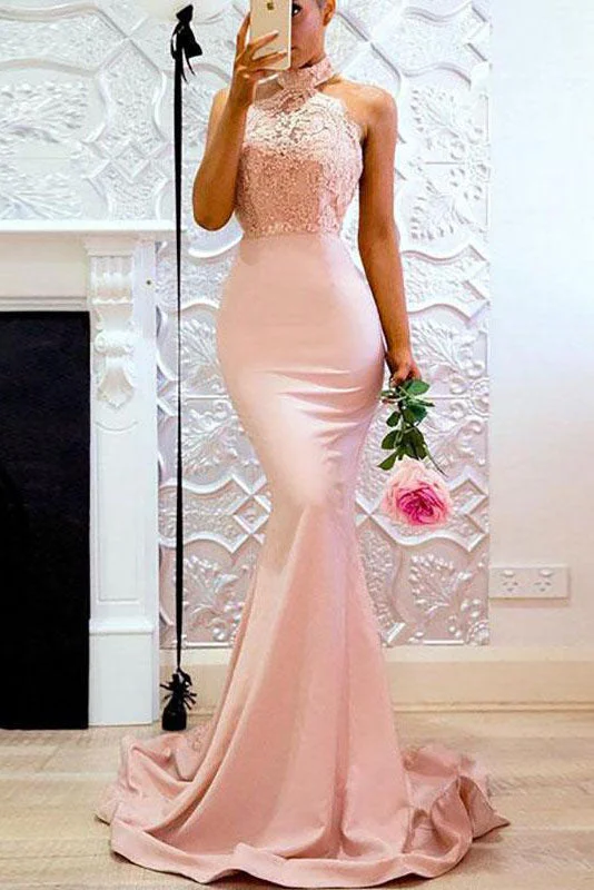 Best Bargains Sexy High Neck Mermaid Pink Long Bridesmaid Dress