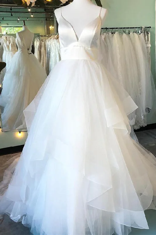 Price Drop Alert Long Spaghetti Strap A-line White Bridal Dress with Ruffles