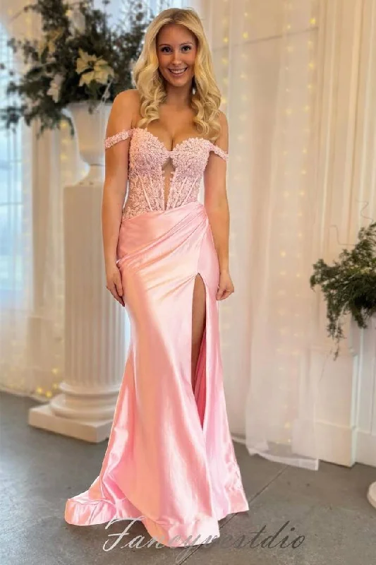 Discount Days Pink Applique Slit Mermaid Prom Dress with Off Shoulder