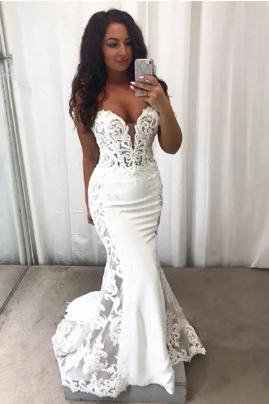 Crazy Deals Long Sweetheart Mermaid White Wedding Dress with Lace