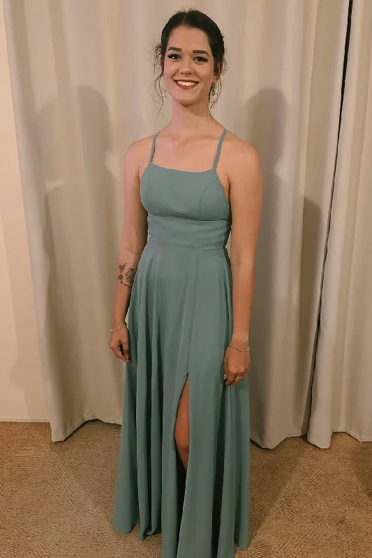 Can't Be Beat Spaghetti Straps Sage Green Long Bridesmaid Dress