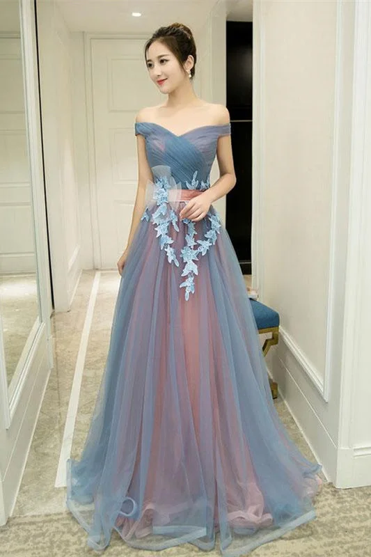 Customer Appreciation Sale Chic Off the Shoulder Dusty Bule and Pink Long Prom Dress