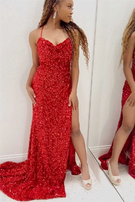 Discount Mania Red Halter Sequined Long Prom Dress with Slit
