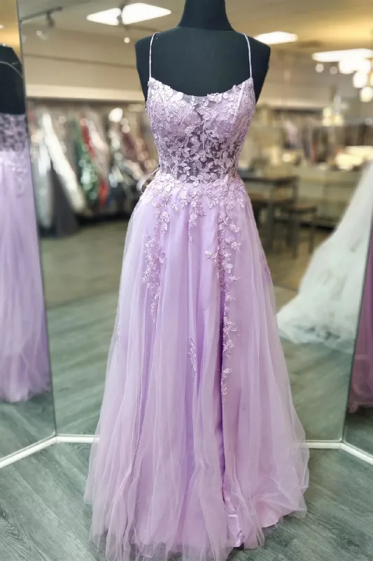 Early Access Lilac Appliques Crossed Straps Tulle Long Prom Dress